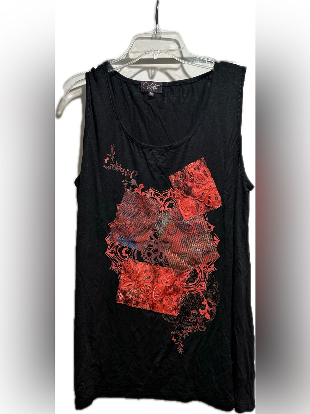 Coline black red lace appliqué relaxed tunic tank M NWOT